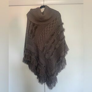 Rabbit Fur Knit Poncho - grey